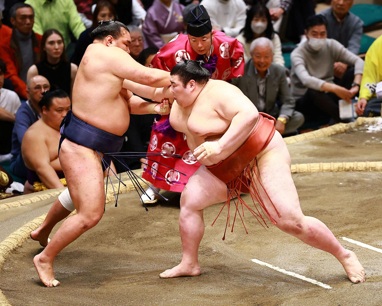 豊昇龍（左）を押し出しで破る熱海富士（撮影・野上伸悟）