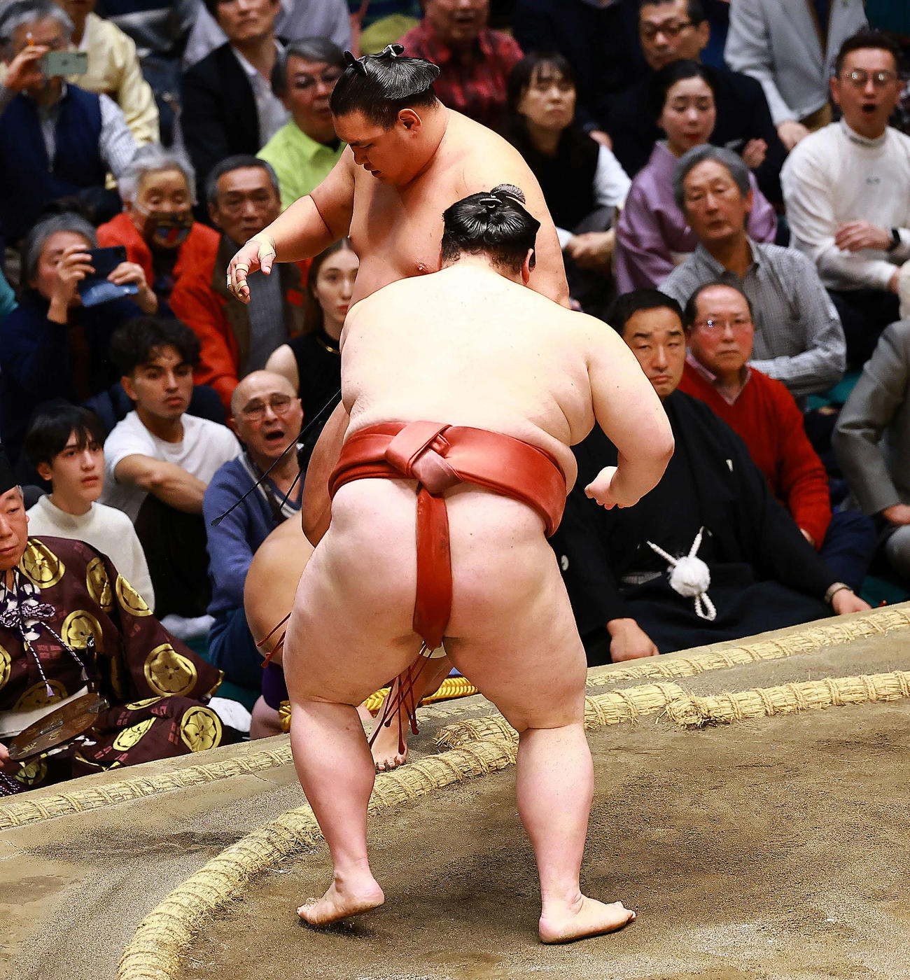 豊昇龍（奥）を押し出しで破る熱海富士（撮影・野上伸悟）