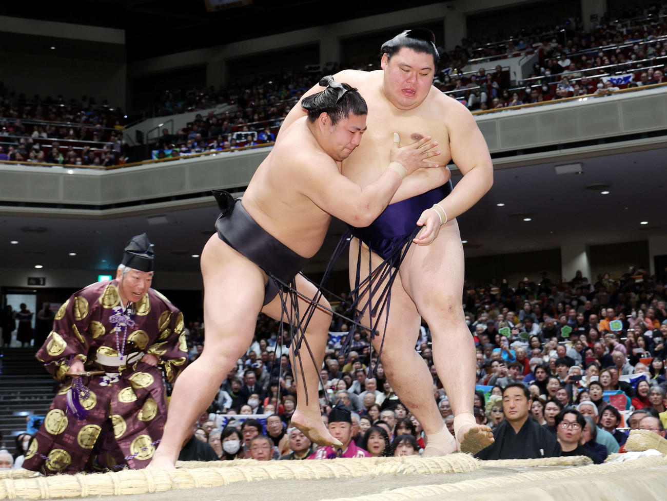 若元春（左）は大の里を寄り切りで下す（撮影・河田真司）