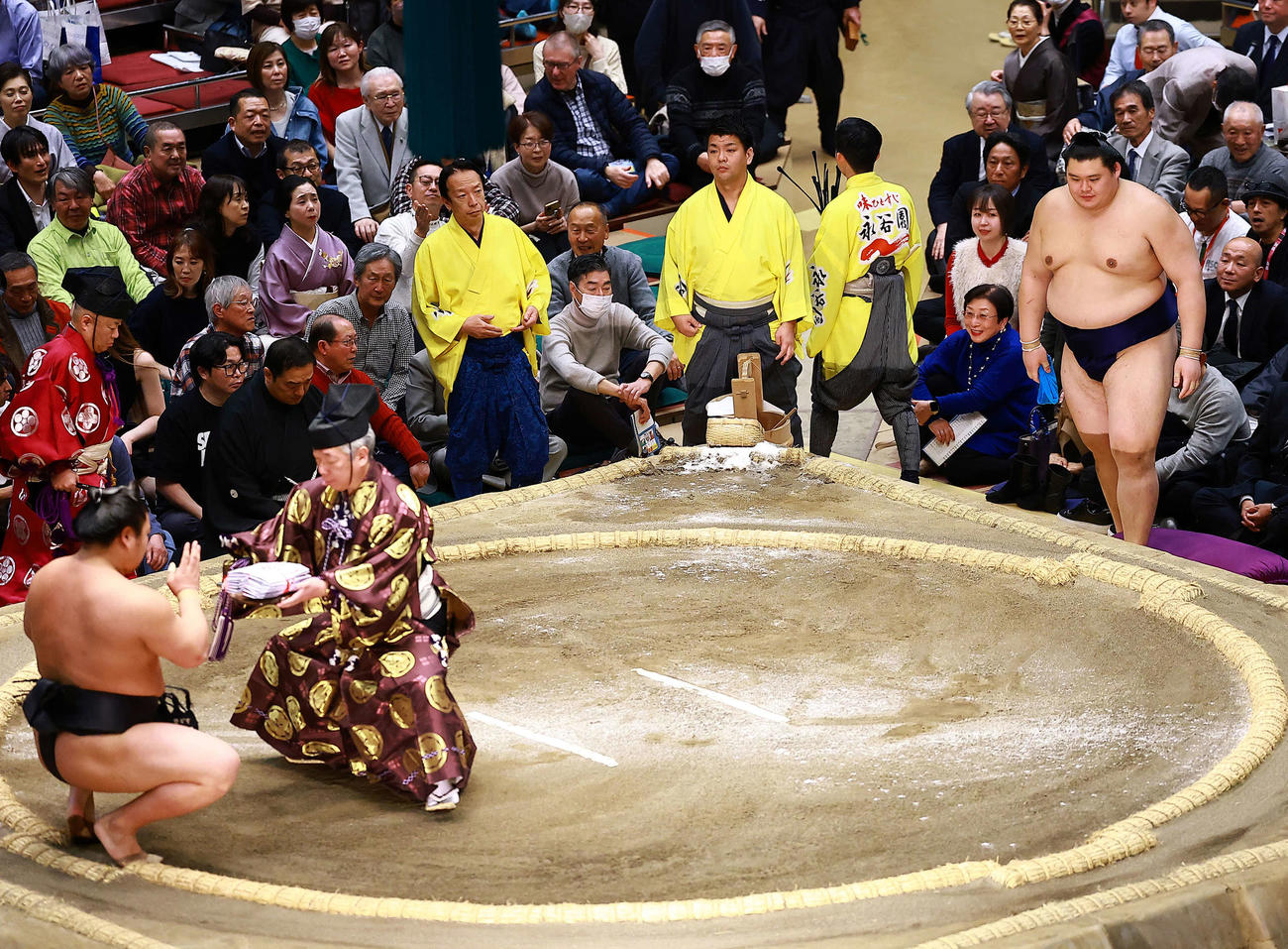 若元春（左）に寄り切りで敗れうつむく大の里（撮影・野上伸悟）