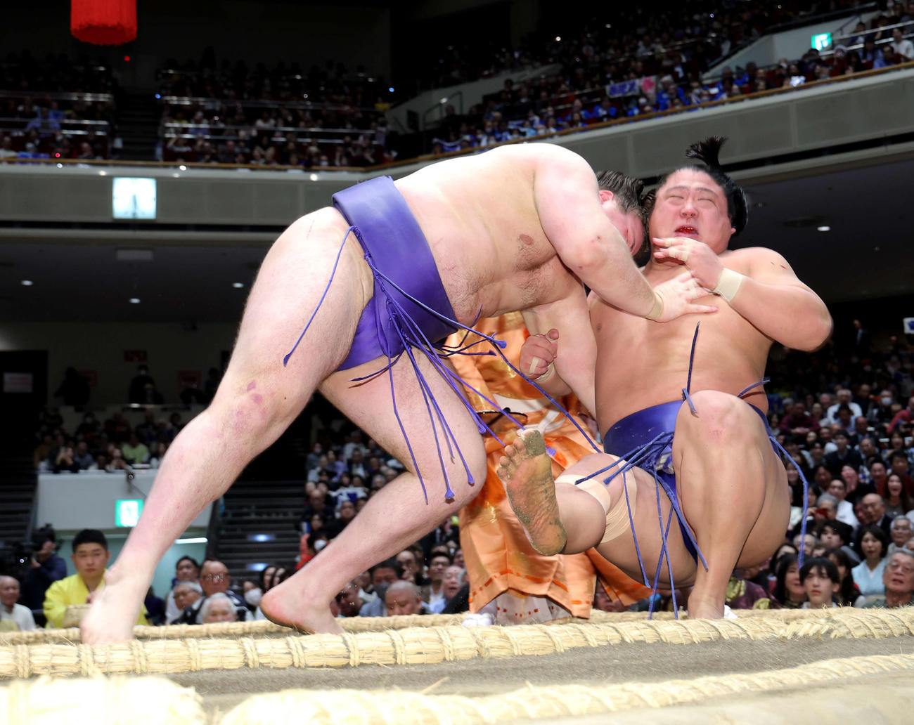 安青錦（左）は若隆景を切り返しで破る（撮影・河田真司）