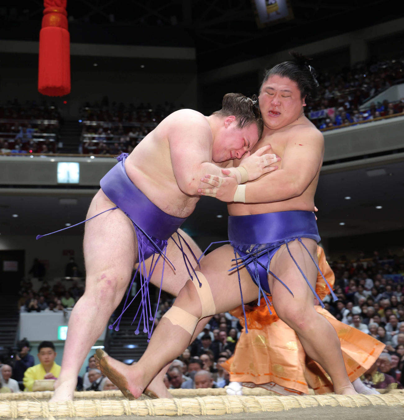 安青錦（左）は若隆景を切り返しで破る（撮影・河田真司）