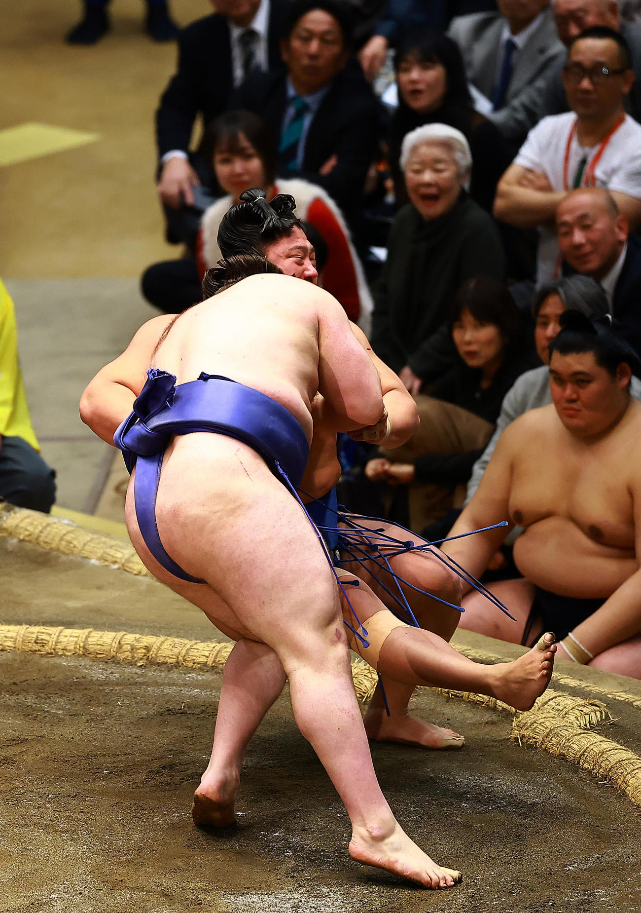 若隆景（奥）を切り返しで破った安青錦（撮影・野上伸悟）
