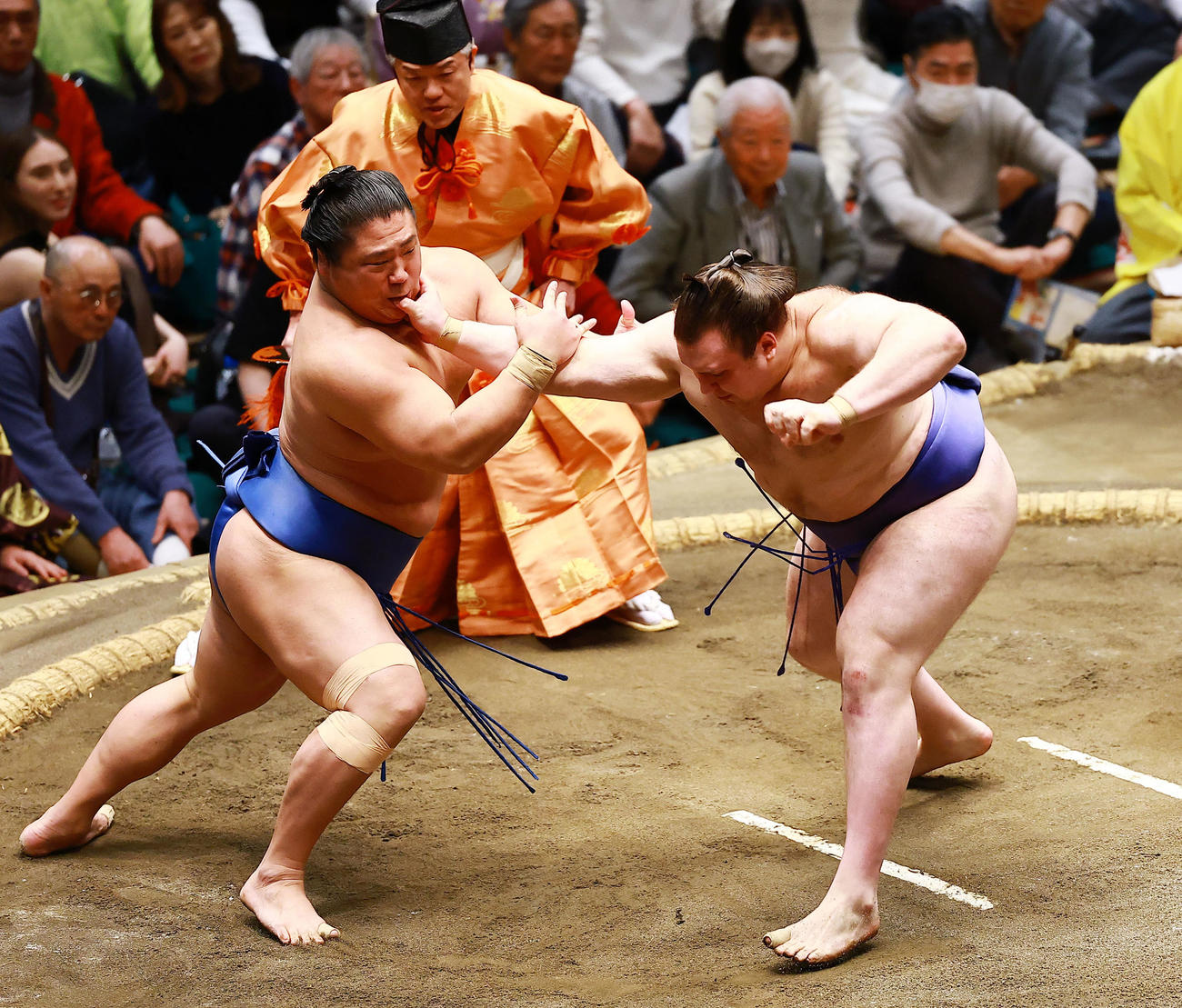 若隆景（左）を攻める安青錦（撮影・野上伸悟）