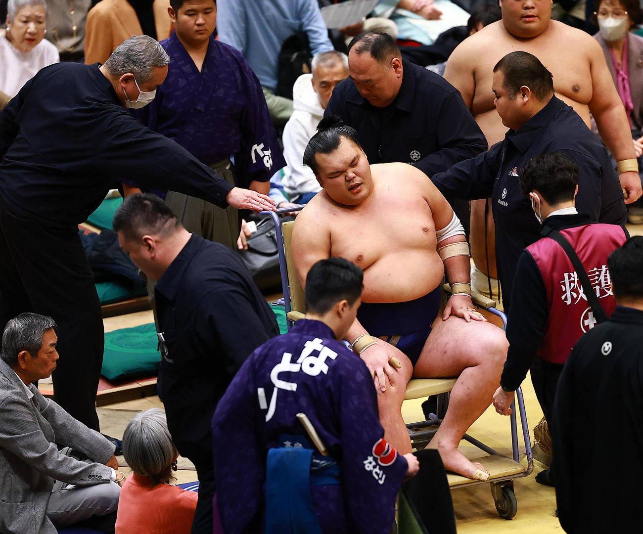 藤凌駕に敗れ負傷し、車いすで運ばれる栃大海（撮影・野上伸悟）