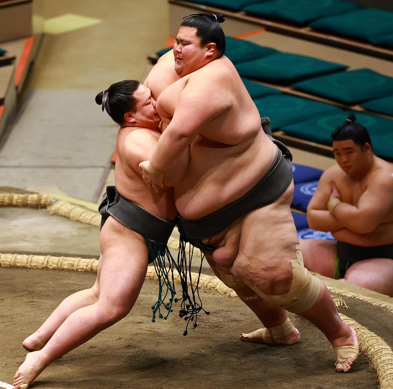 体重252キロの出羽ノ城を押し込む106キロの翠河富士（撮影・野上伸悟）