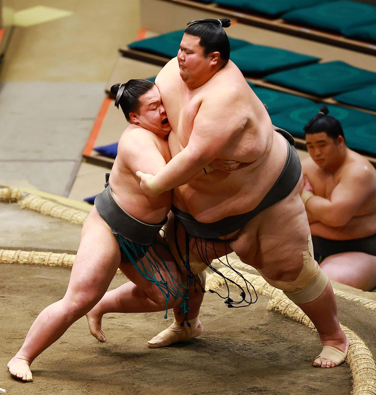 体重252キロの出羽ノ城を押し込む106キロの翠河富士（撮影・野上伸悟）