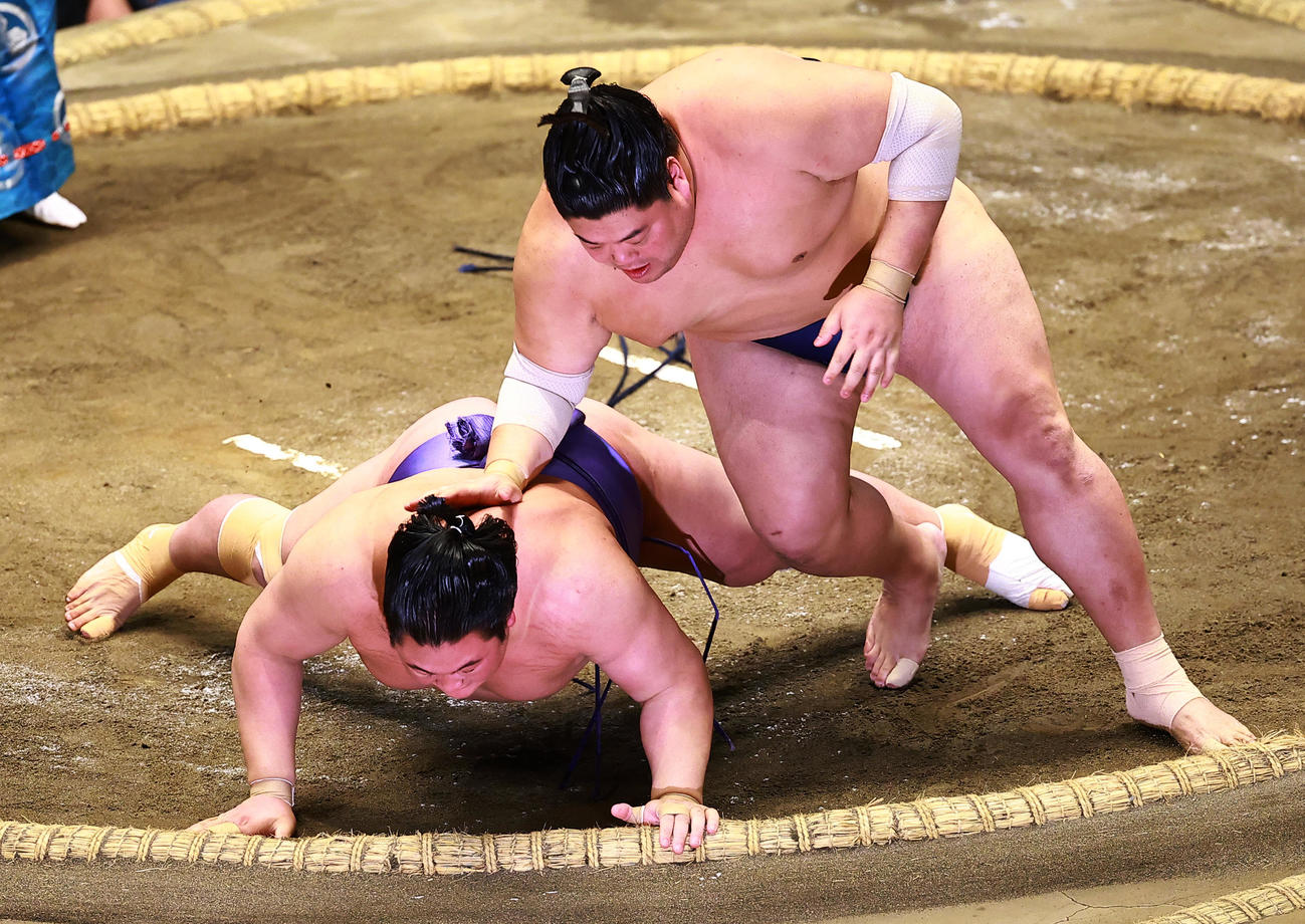 欧勝海（左）を突き落としで破る阿炎（撮影・野上伸悟）