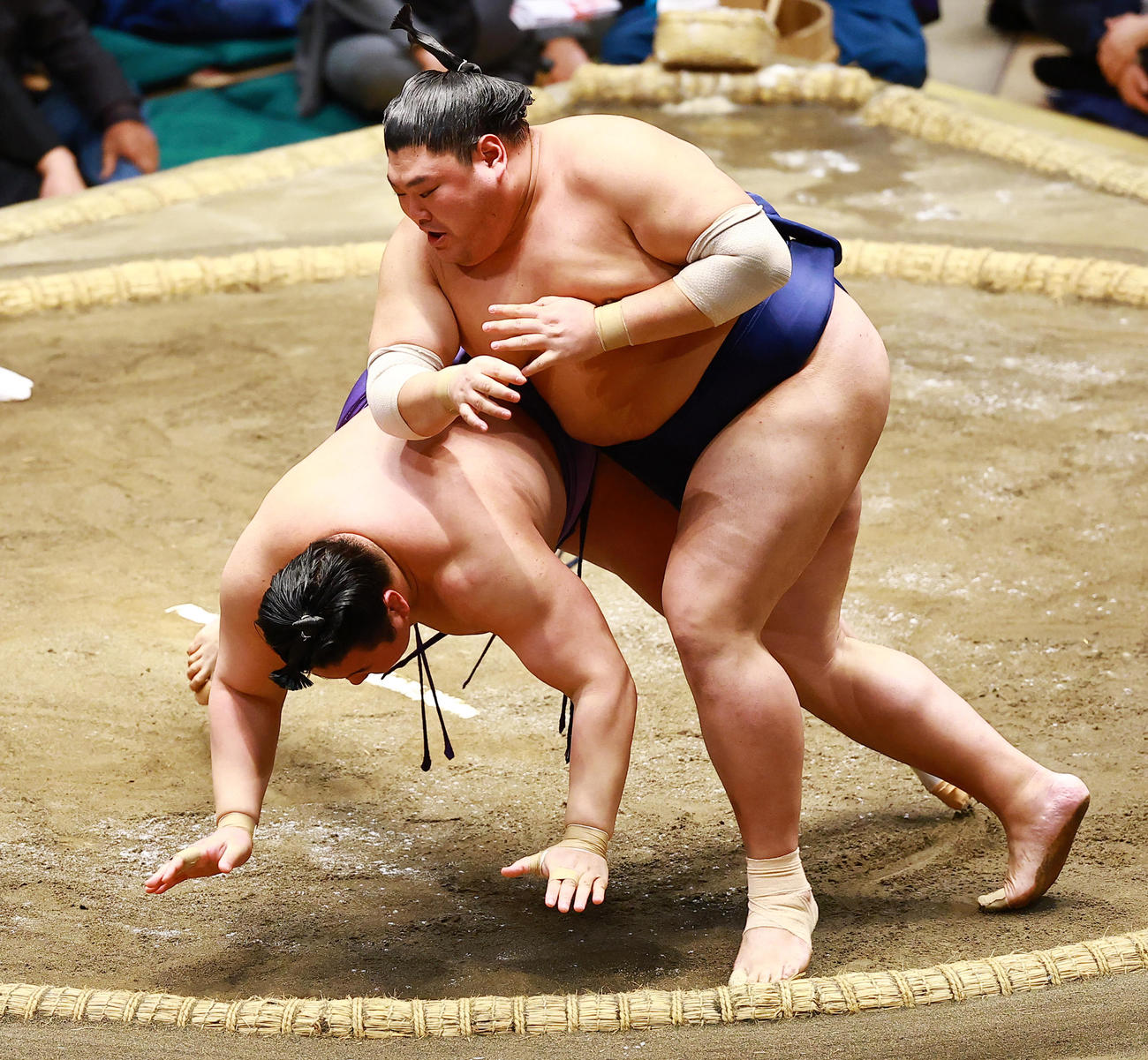 欧勝海（左）を突き落としで破る阿炎（撮影・野上伸悟）