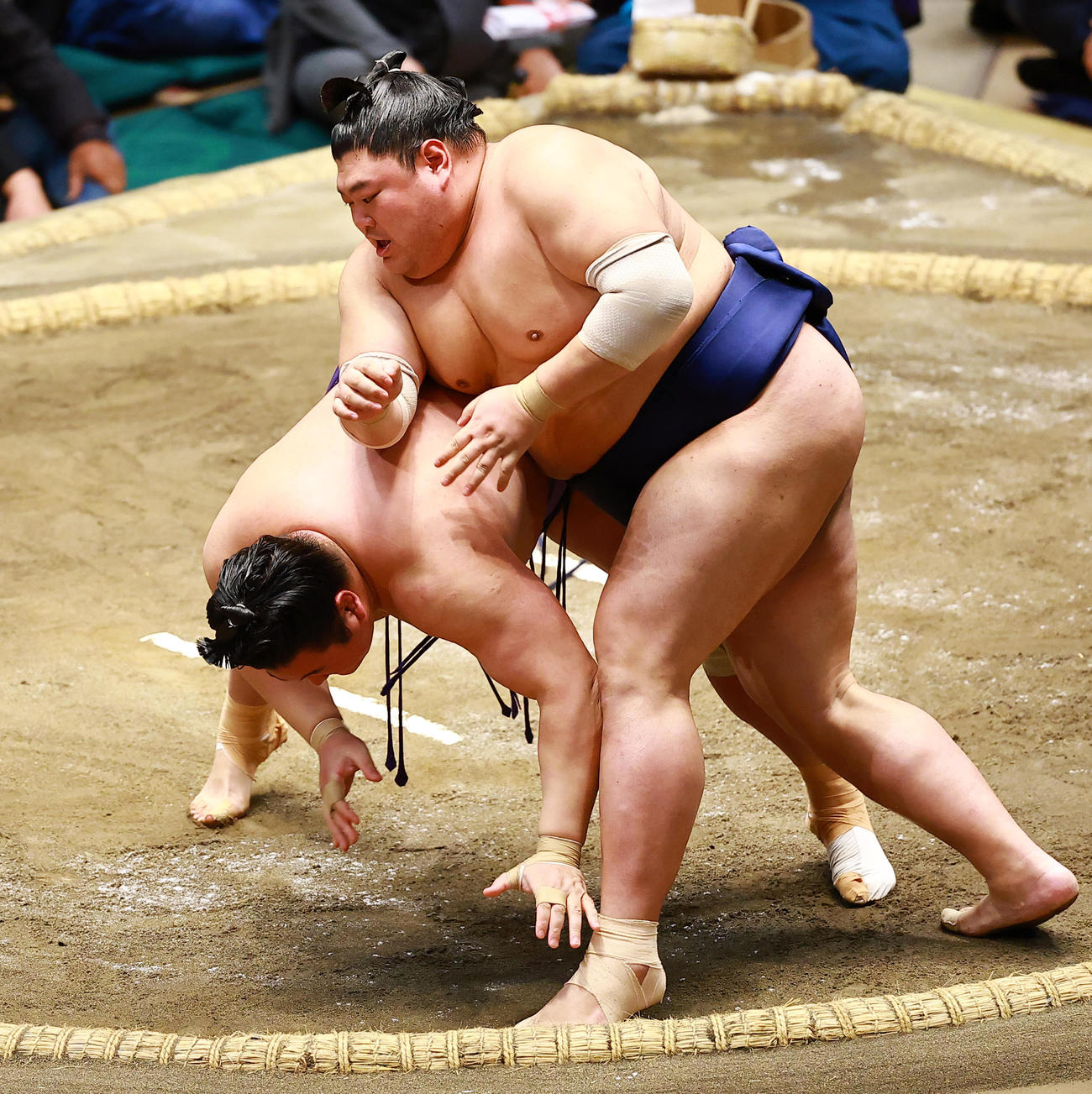 欧勝海（左）を突き落としで破る阿炎（撮影・野上伸悟）