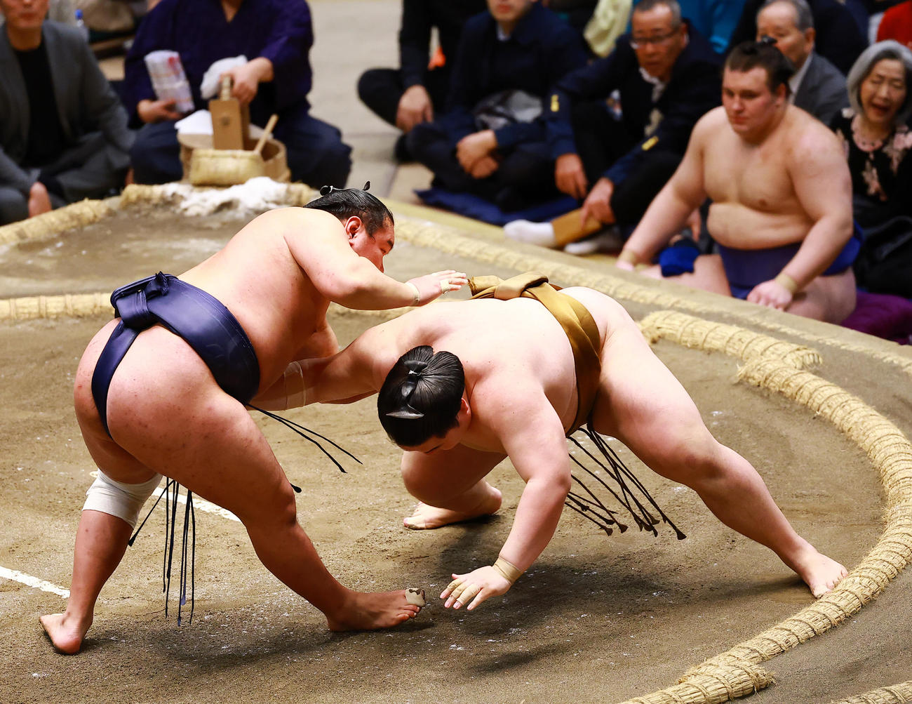 王鵬（右）を上手出し投げで破る豊昇龍（撮影・野上伸悟）