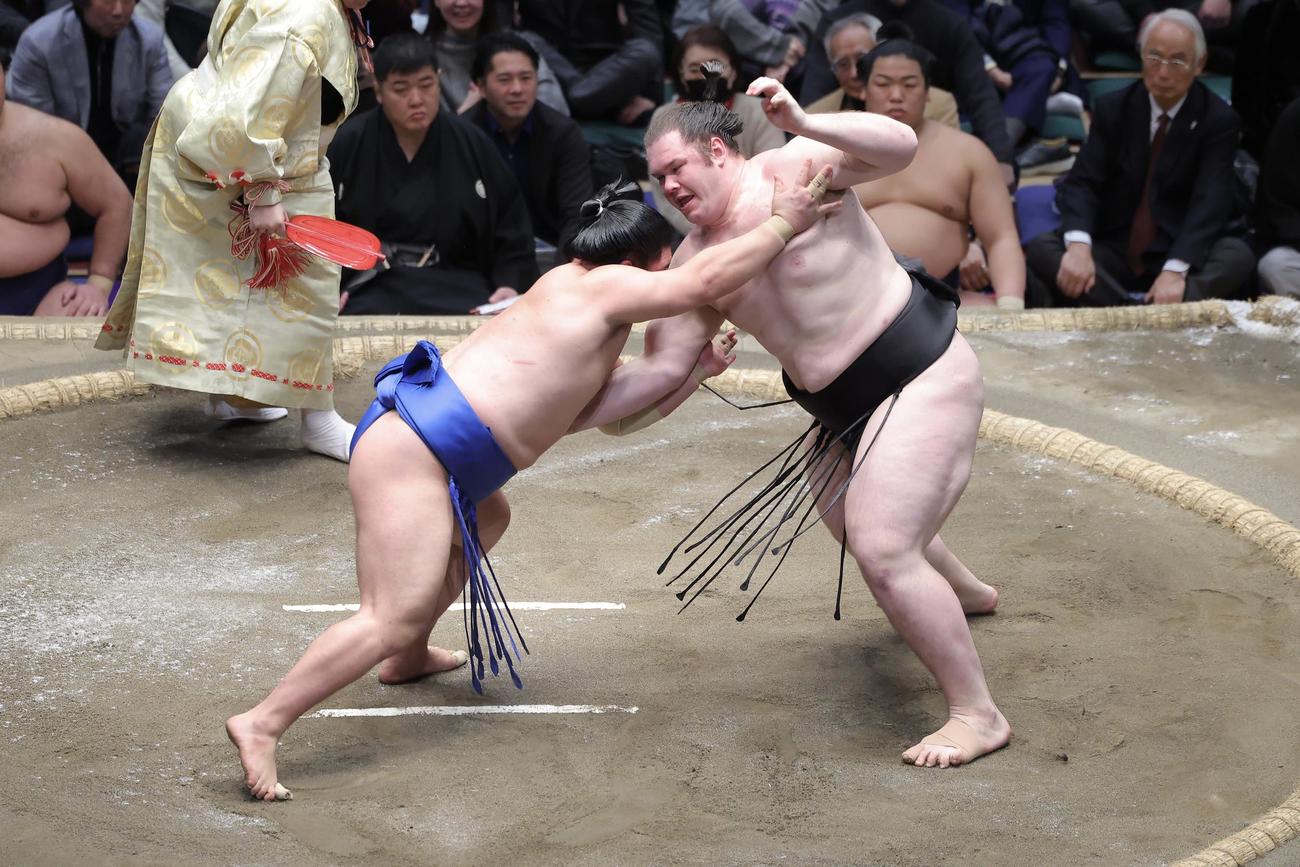 藤ノ川（左）の攻めに耐える獅司（撮影・河田真司）