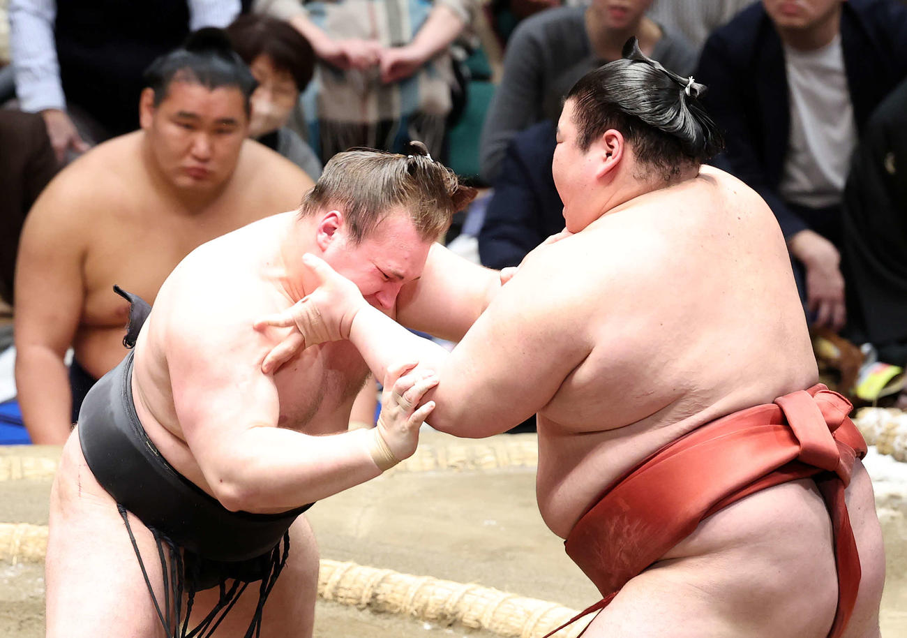 熱海富士（右）を攻める安青錦（撮影・鈴木正人）　