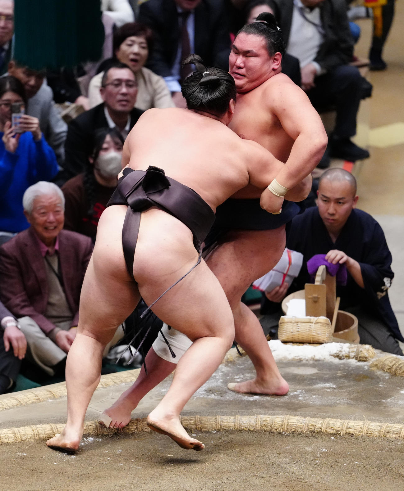 豊昇龍（後方）は霧島に寄り切りで敗れる（撮影・鈴木みどり）