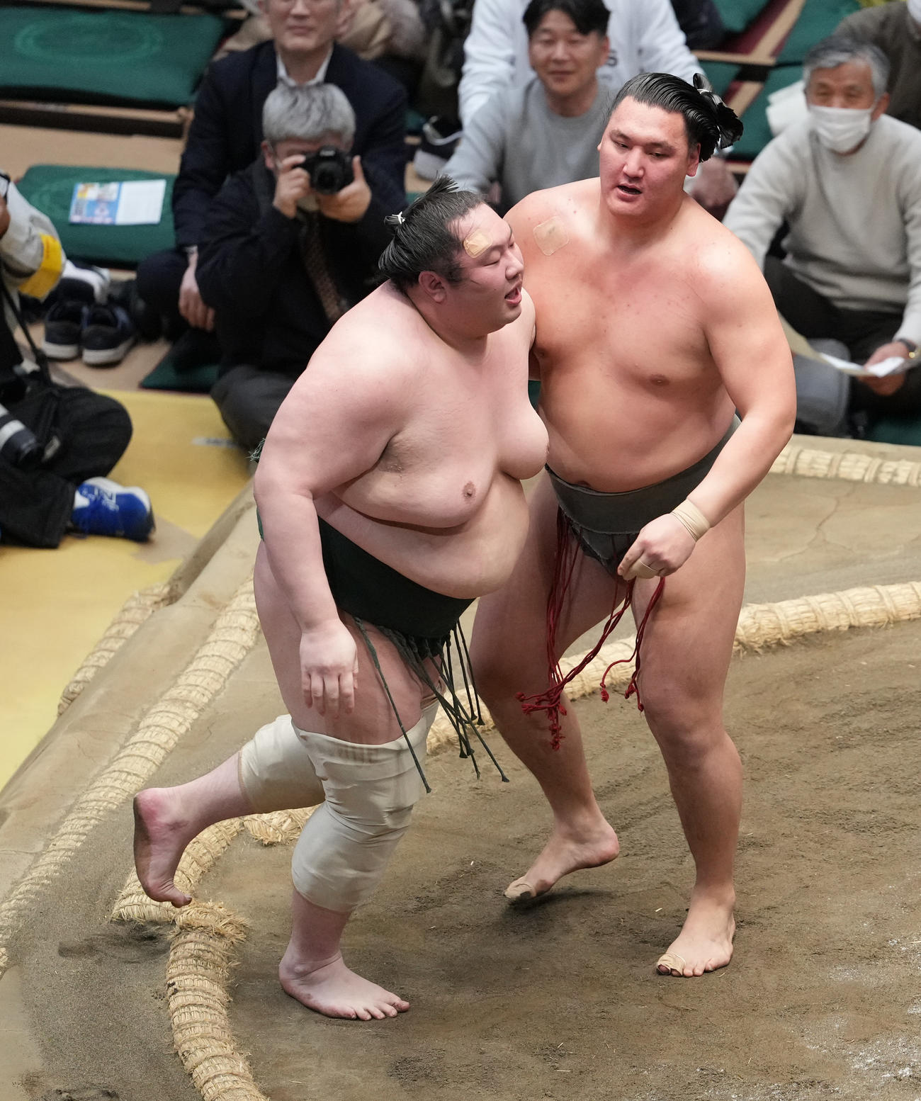 白鷹山（左）を寄り切りで破る寿之富士（撮影・小沢裕）