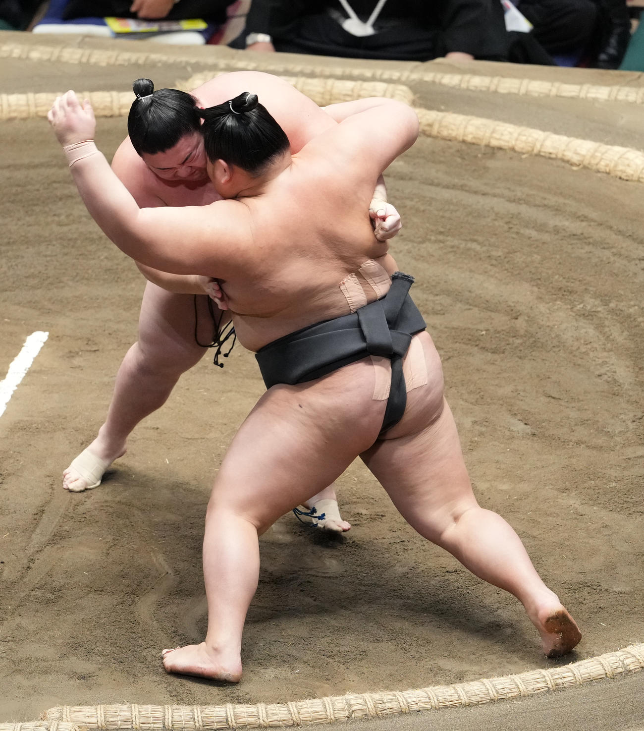 風の湖（手前）を土俵際へ攻め込む大花竜（撮影・小沢裕）