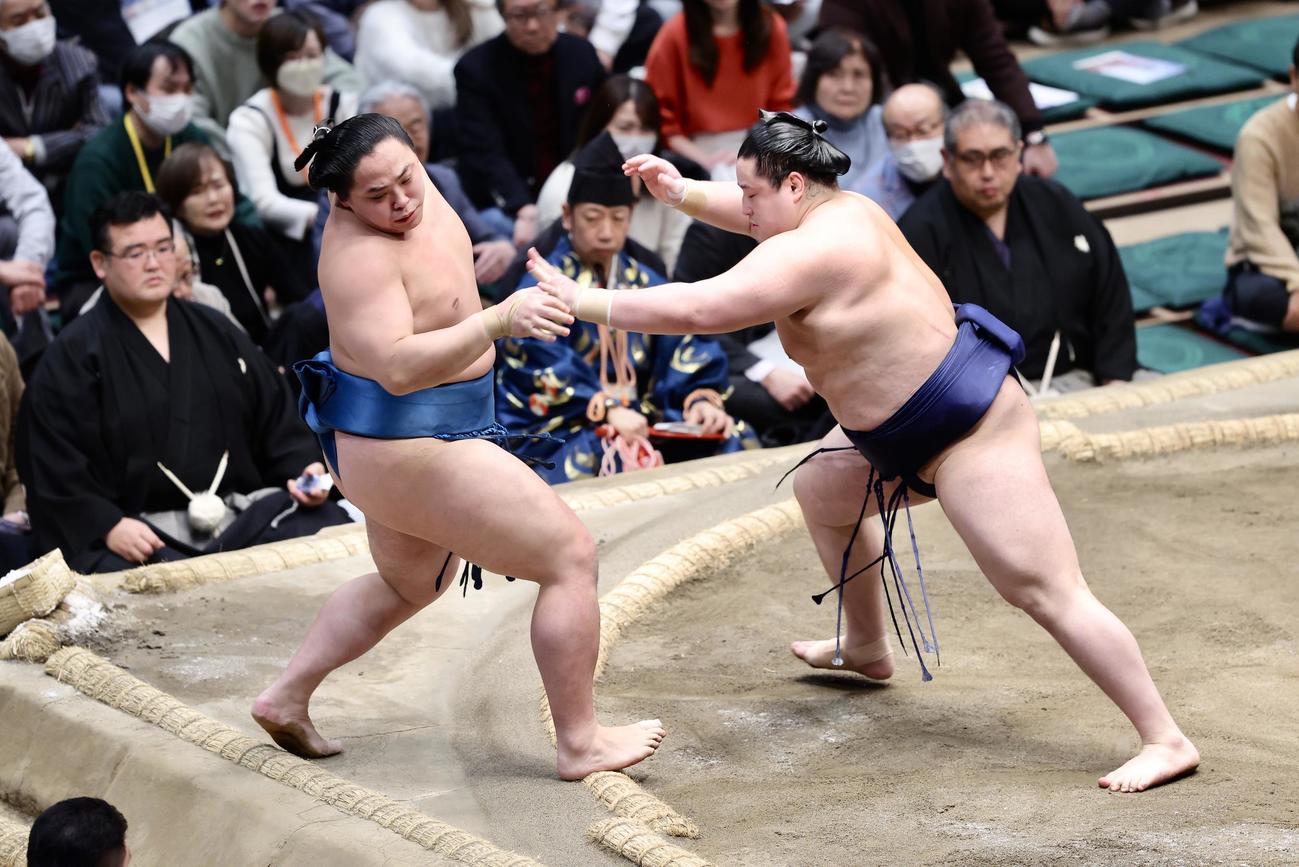 琴栄峰（左）を押し出しで破る若ノ勝（撮影・河田真司）