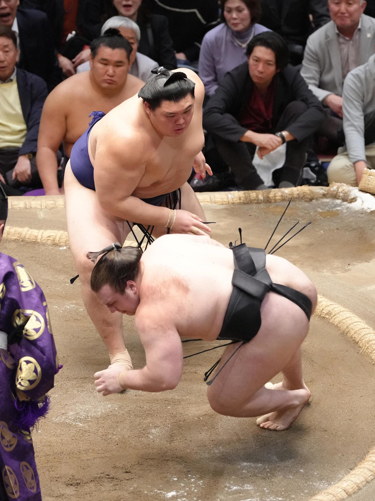 大の里（後方）は安青錦を押し倒しで破る（撮影・足立雅史）