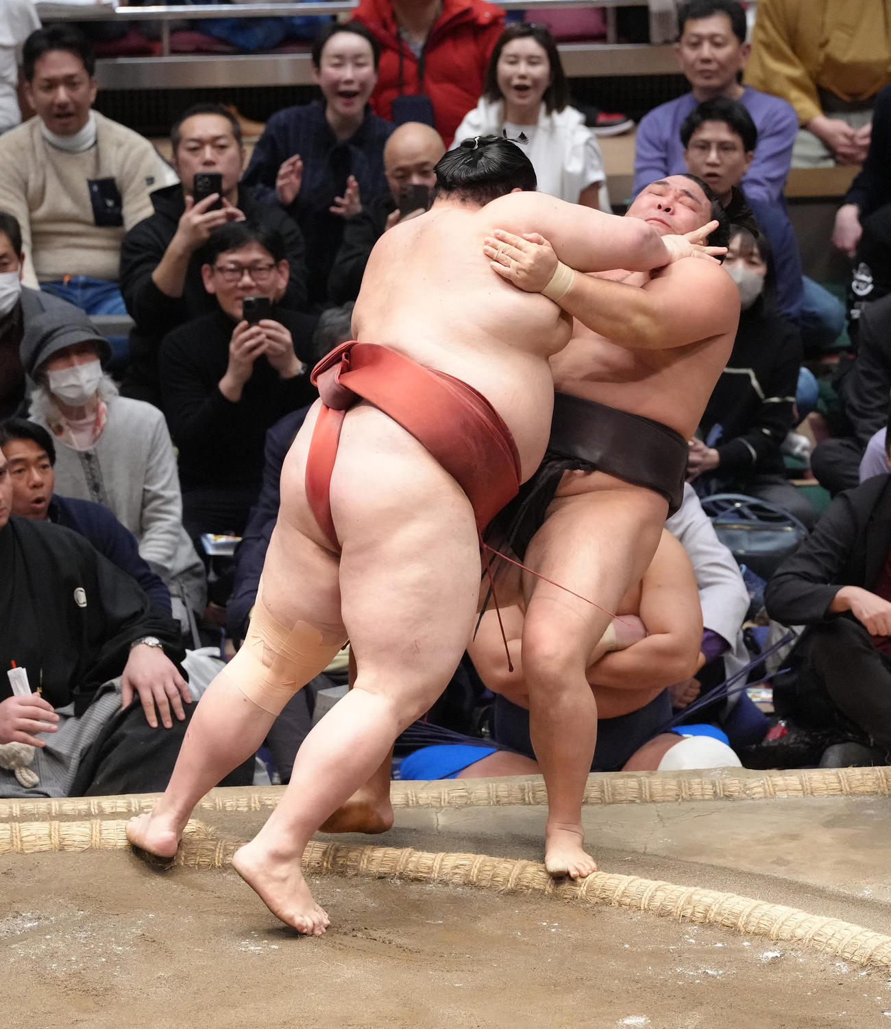 熱海富士（左）はあびせ倒しで霧島を破る（撮影・足立雅史）