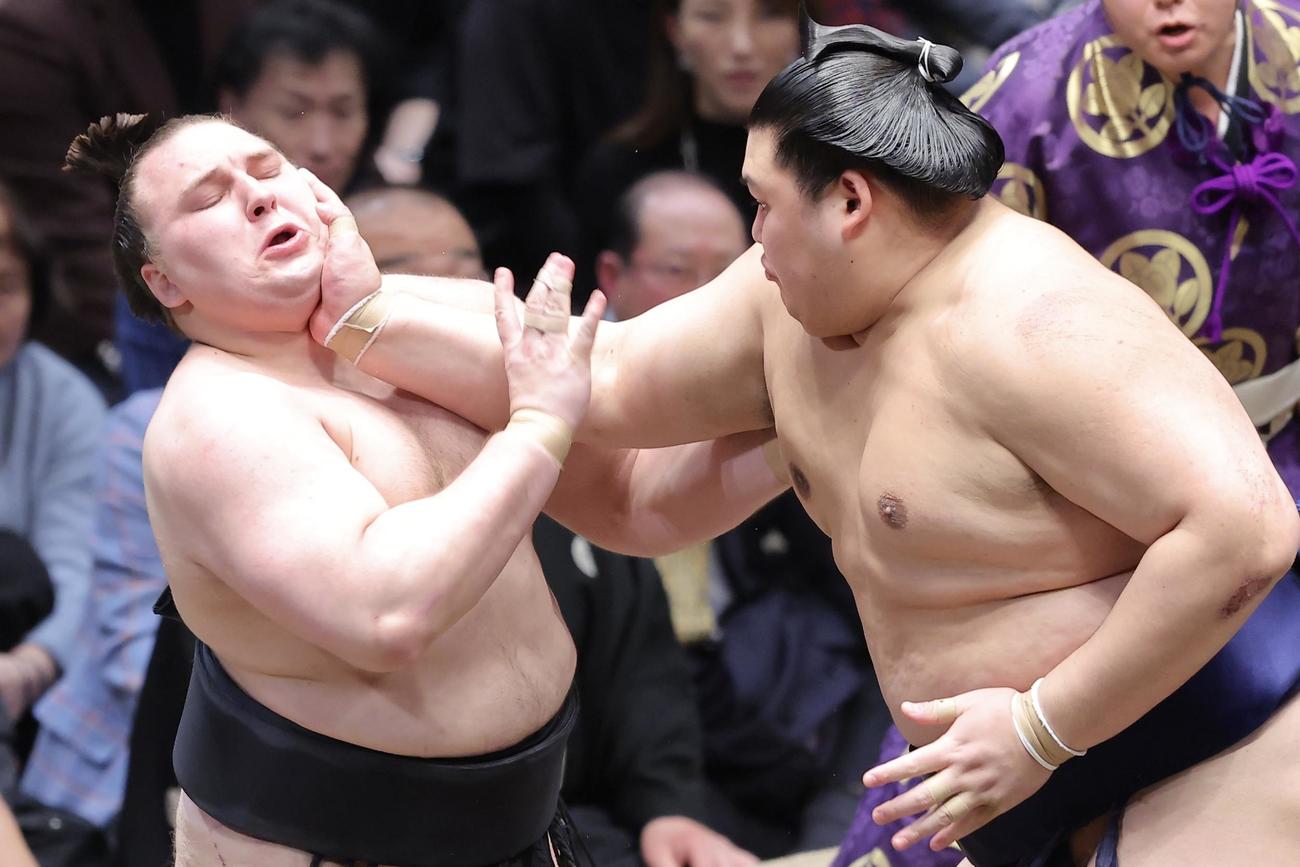 安青錦（左）を激しく攻める大の里（撮影・河田真司）