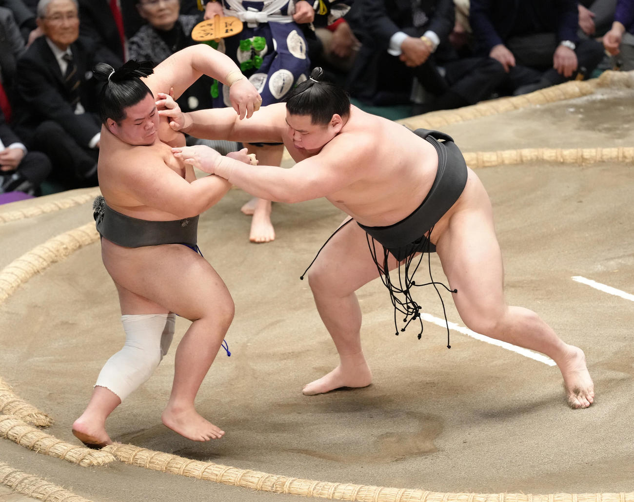 旭富士（右）は蒼富士を押し出しで破る（撮影・足立雅史）