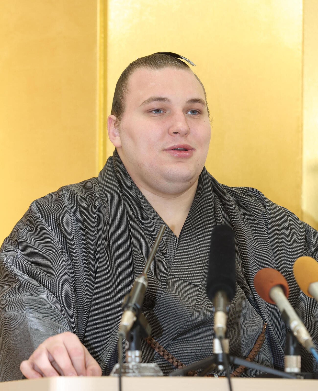 記者会見する安青錦（撮影・白石智彦）