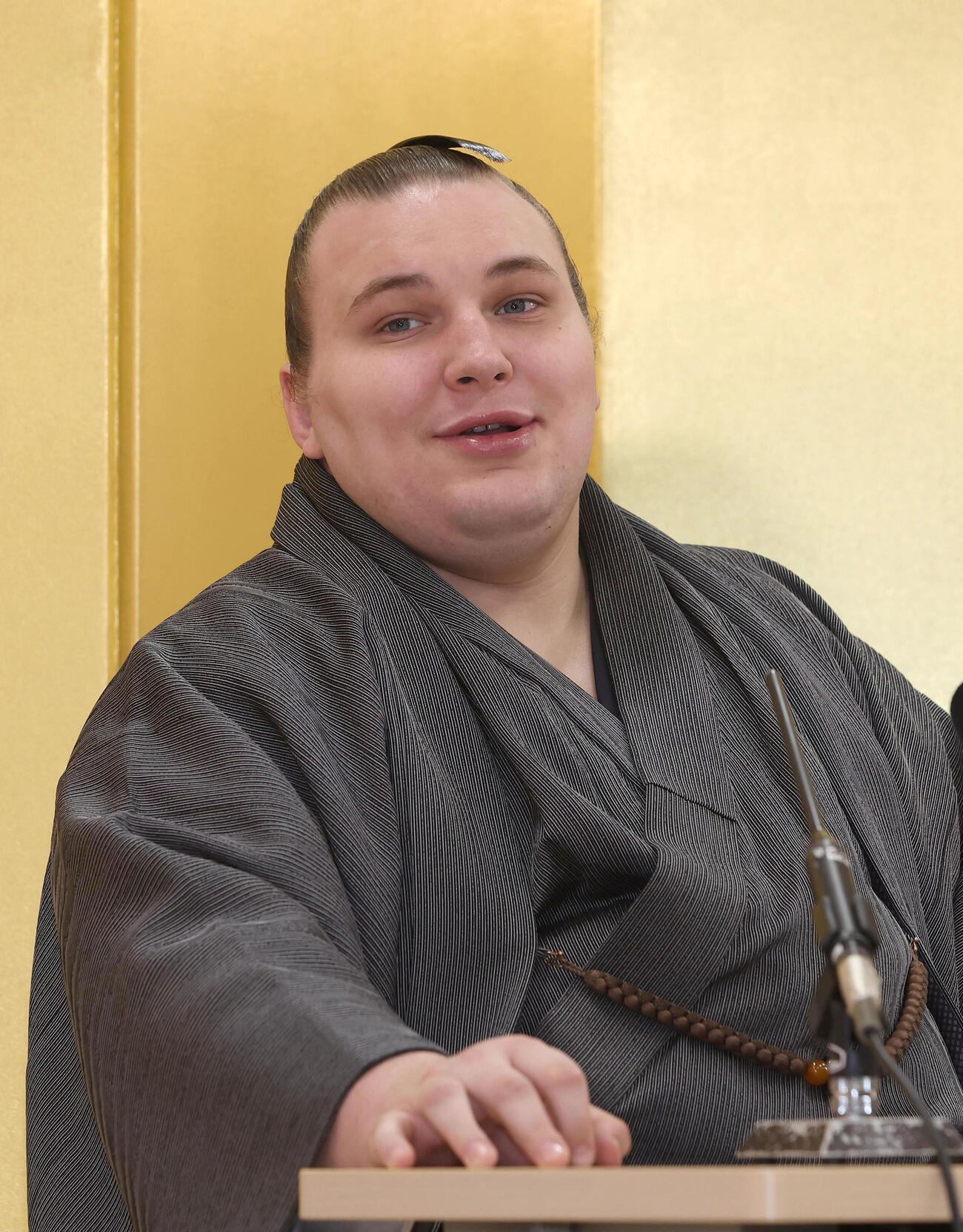 会見する先場所優勝した安青錦（撮影・白石智彦）