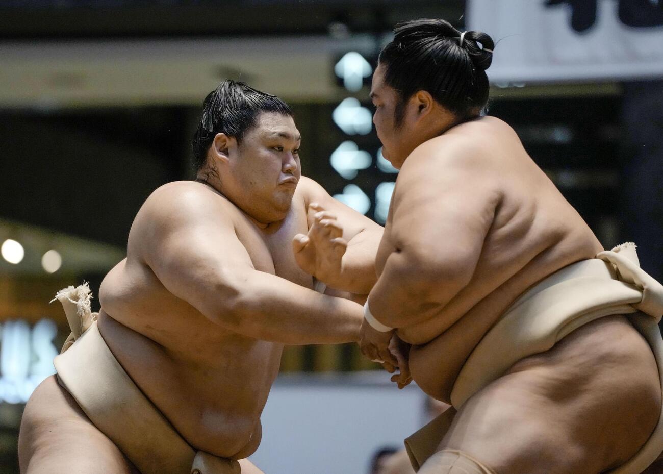 二所ノ関一門の連合稽古で、汗を流す大の里（左）と琴桜（共同）