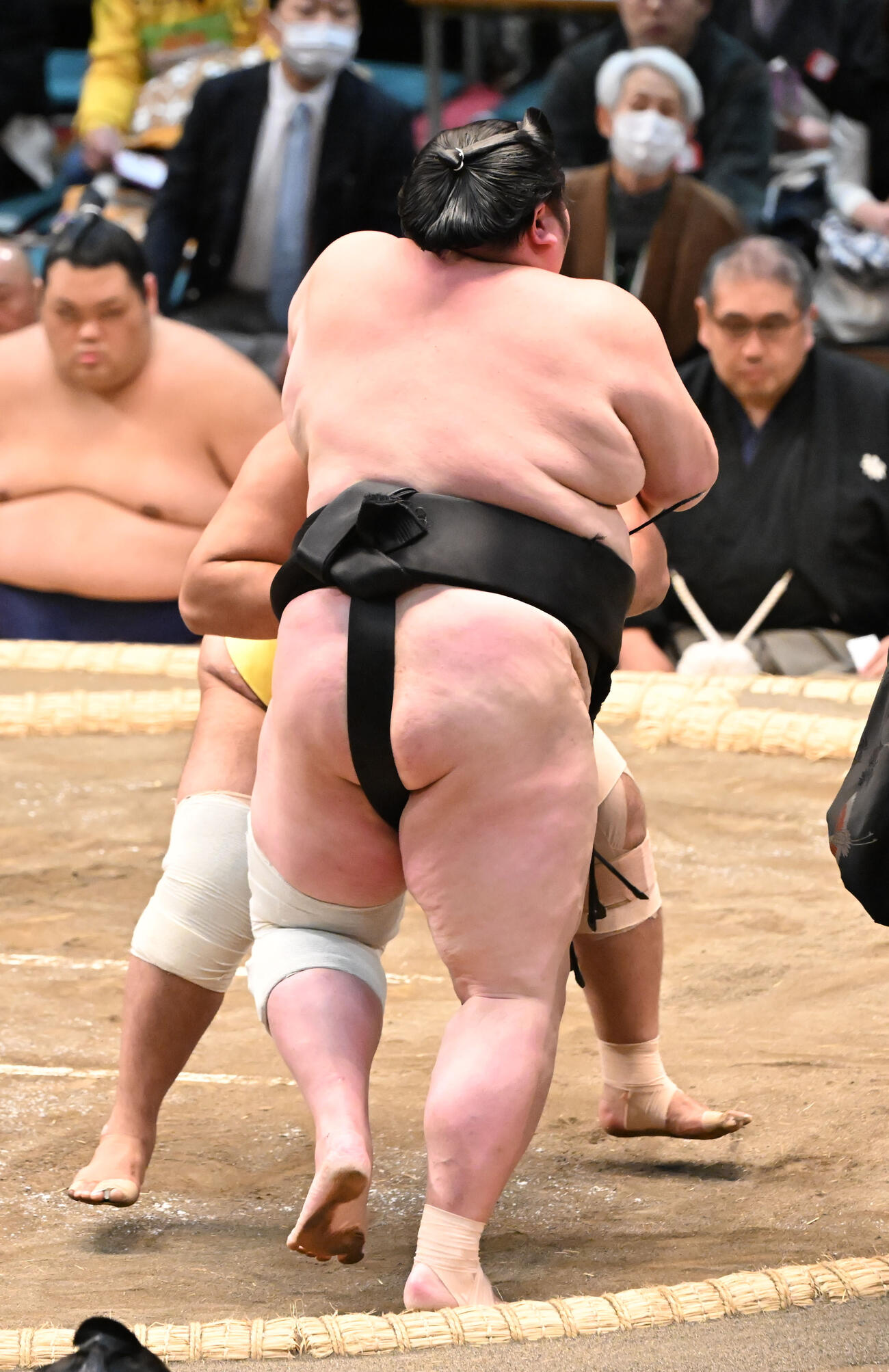 島津海（奥）は寄り切りで剣翔を破る（撮影・和賀正仁）