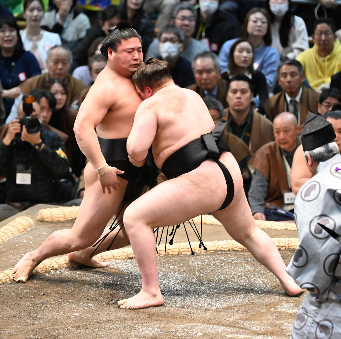 安青錦（右）は寄り切りで若元春を破る（撮影・和賀正仁）