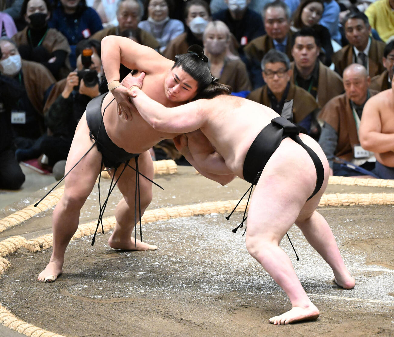 安青錦（右）は寄り切りで若元春を破る（撮影・和賀正仁）