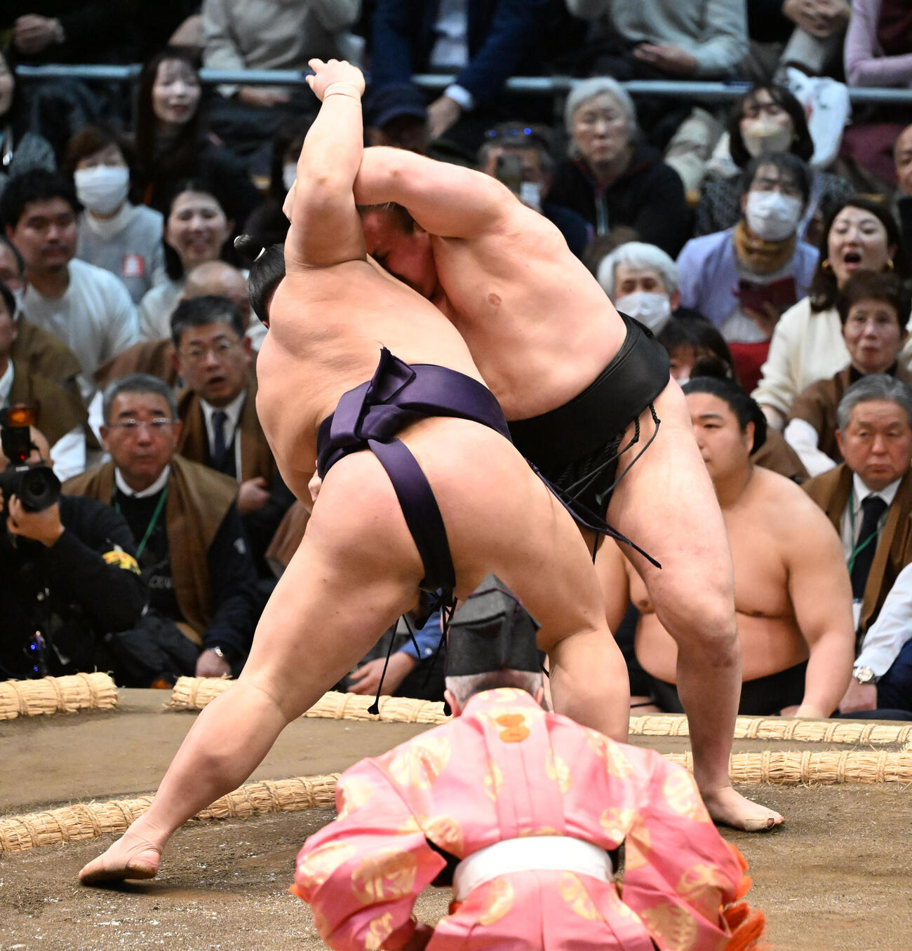 安青錦（奥）は寄り倒しで義ノ富士に敗れる（撮影・和賀正仁）