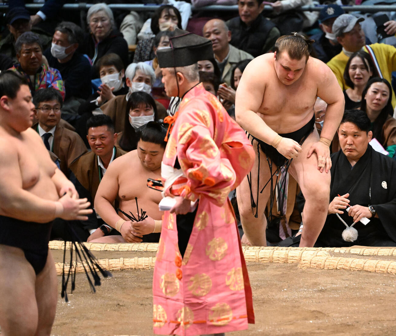 安青錦（奥）は寄り倒しで義ノ富士に敗れる（撮影・和賀正仁）