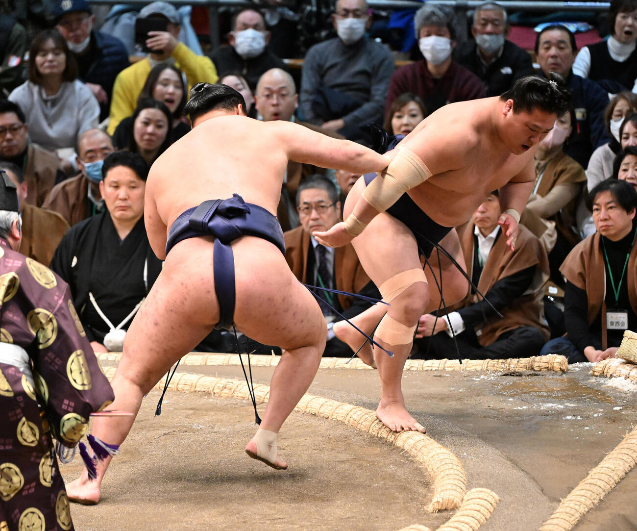豊昇龍（左）は送り出しで若隆景を破る（撮影・和賀正仁）