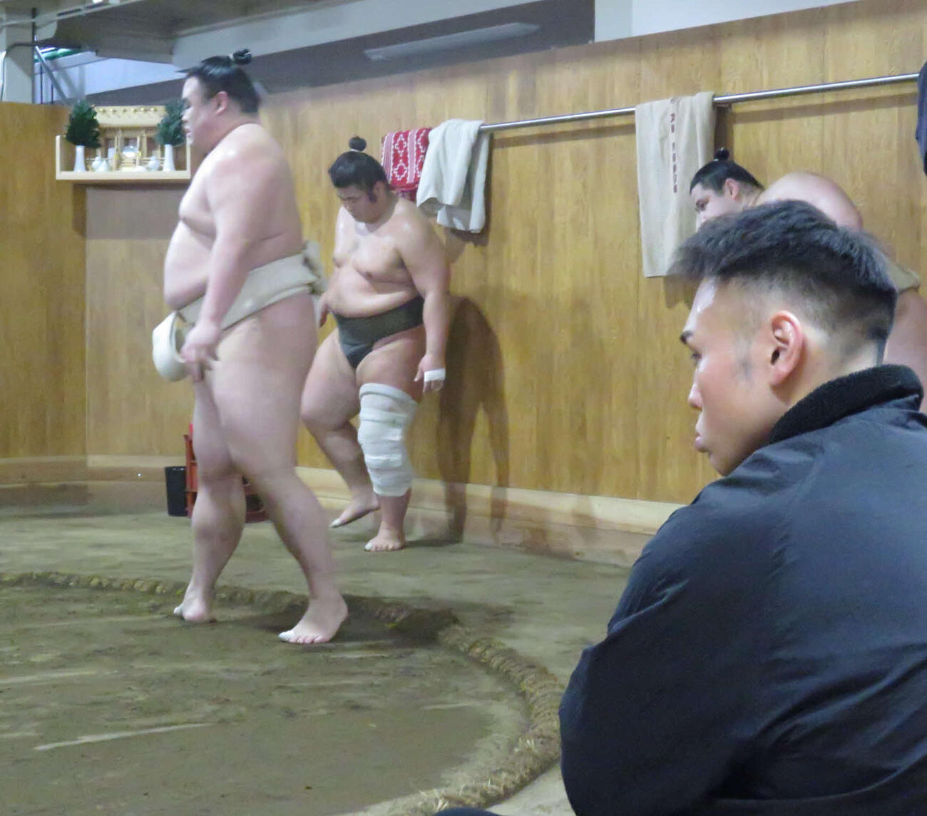 隆の勝（左）ら力士の稽古に目を光らせる湊川親方（手前）（2026年2月撮影）