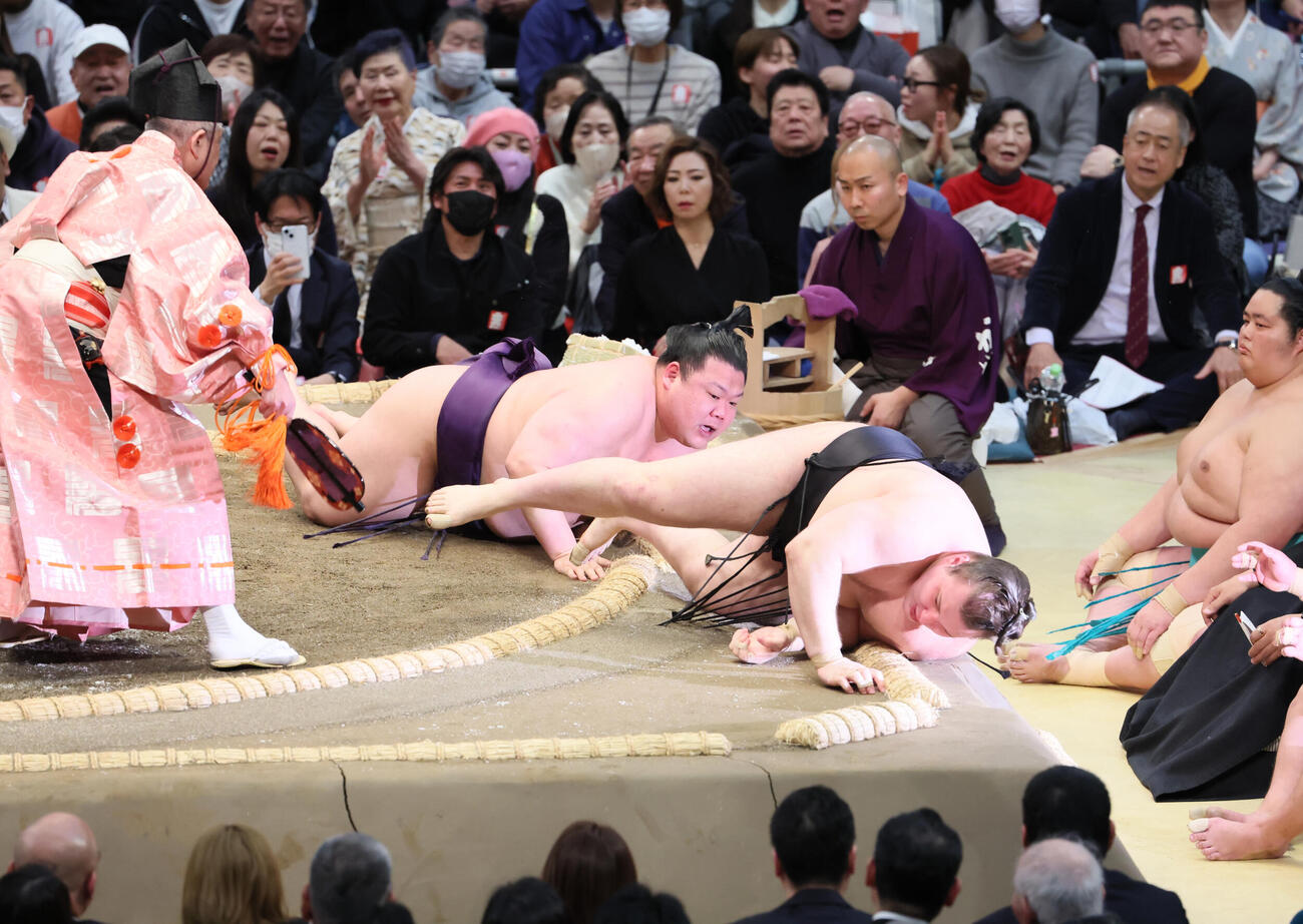 安青錦を寄り倒しで破る美ノ海（朝日新聞）