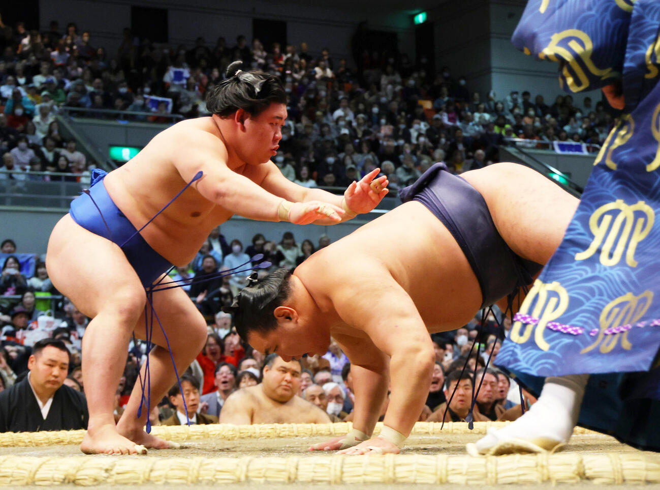 藤ノ川（左）は豊昇龍をはたき込みで破る（撮影・上山淳一）