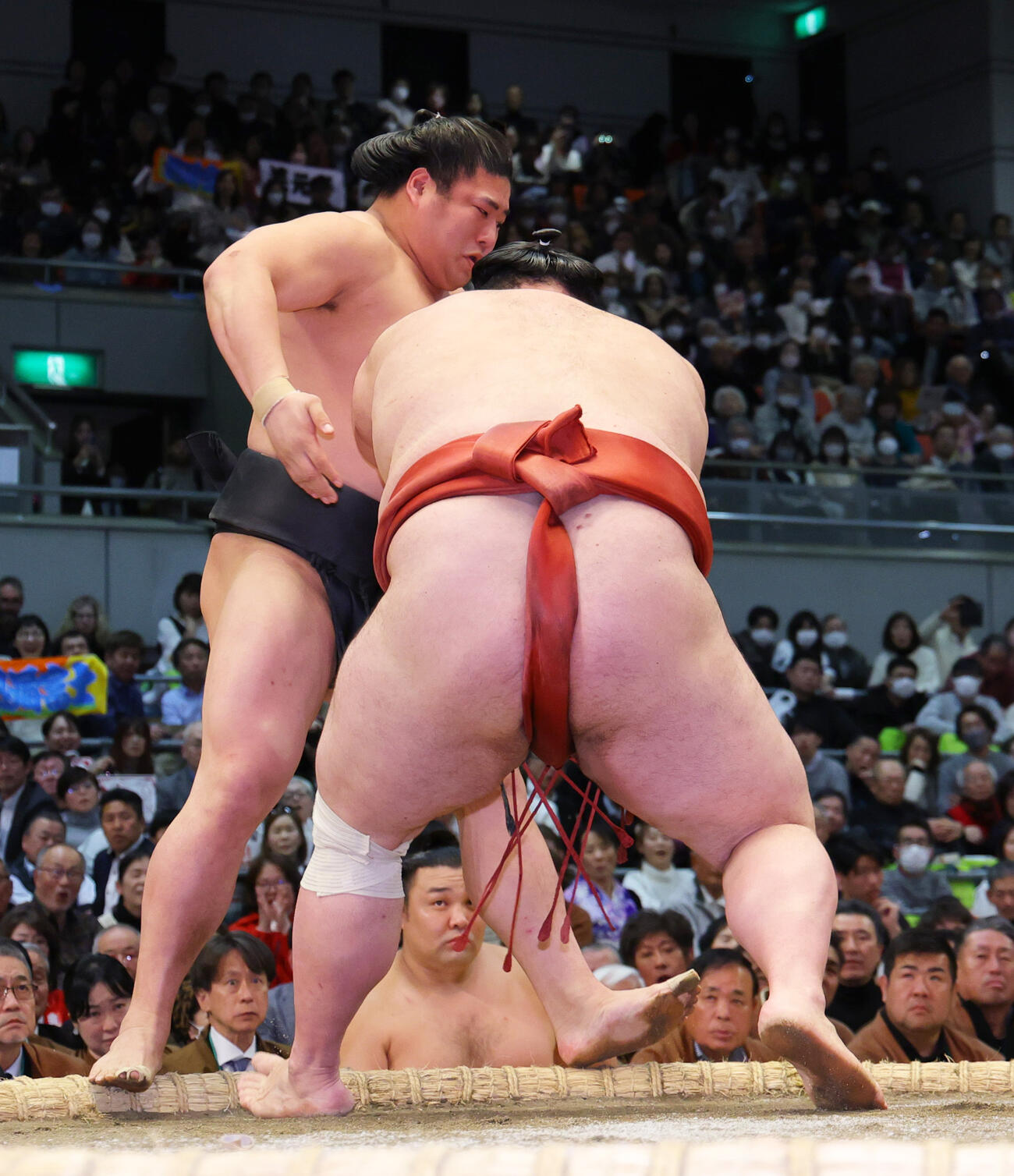 熱海富士（手前）は若元春を押し出しで破る（撮影・上山淳一）