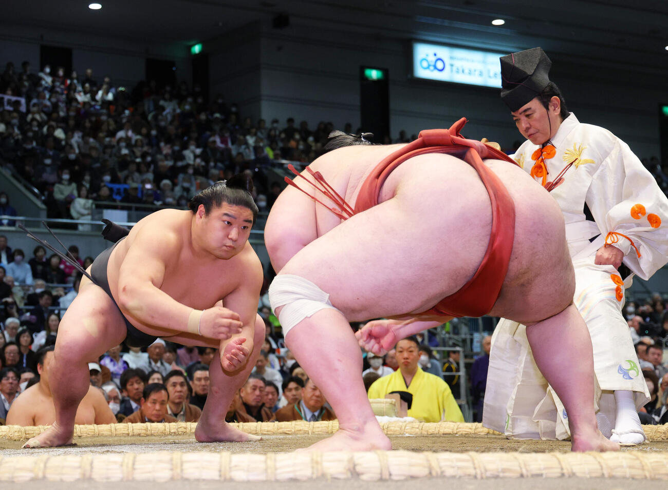 若元春（左）は熱海富士とぶつかる（撮影・上山淳一）