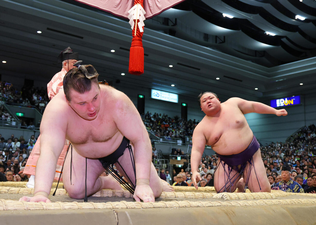 美ノ海（右）は安青錦を寄り倒しで破る（撮影・上山淳一）