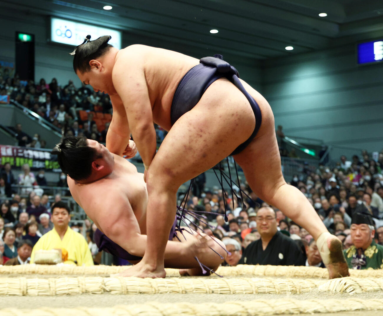 豊昇龍（右）は美ノ海をすくい投げで破る（撮影・上山淳一）