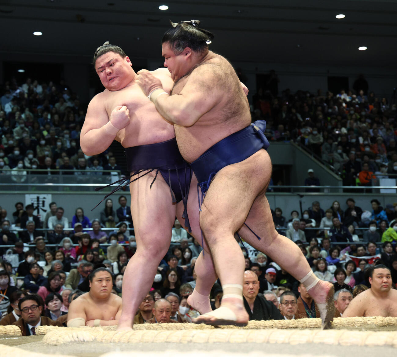 高安（右）は義ノ富士を寄り切りで破る（撮影・上山淳一）