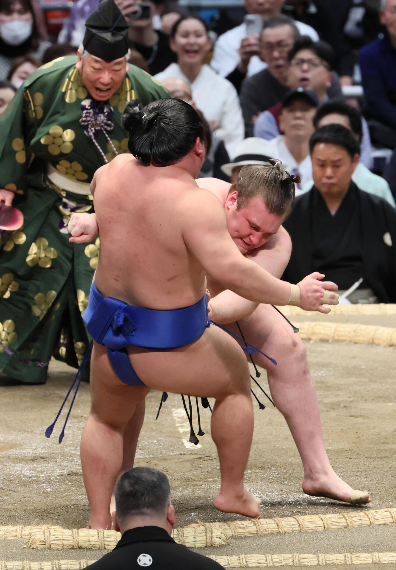 安青錦（右）は藤ノ川を押し出しで破る