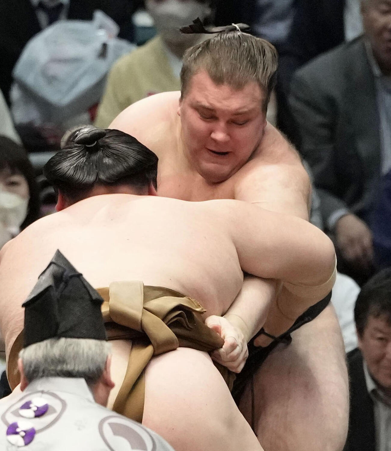 王鵬（手前）にきめ出しで敗れた安青錦（共同）