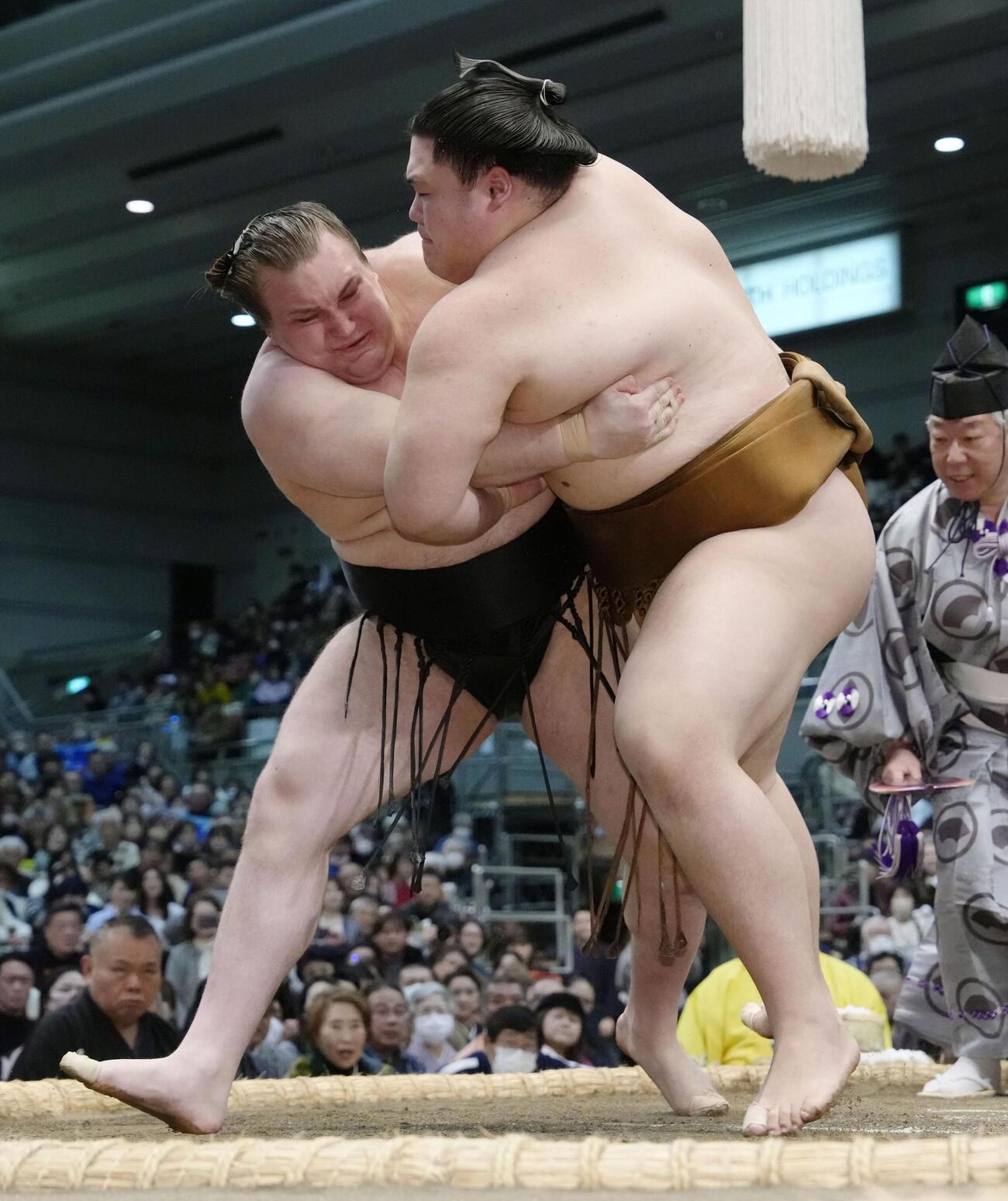 王鵬（右）の攻めをこらえる安青錦。きめ出しで敗れる（共同）