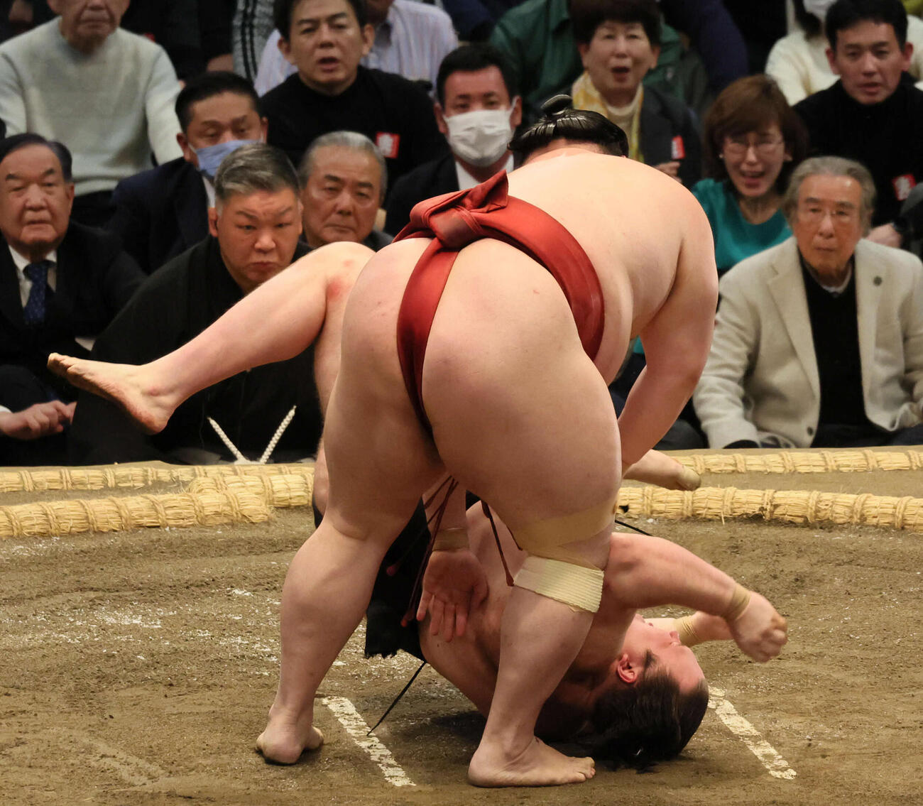 安青錦（右）ははたき込みで隆の勝に敗れる（撮影・宮崎幸一）