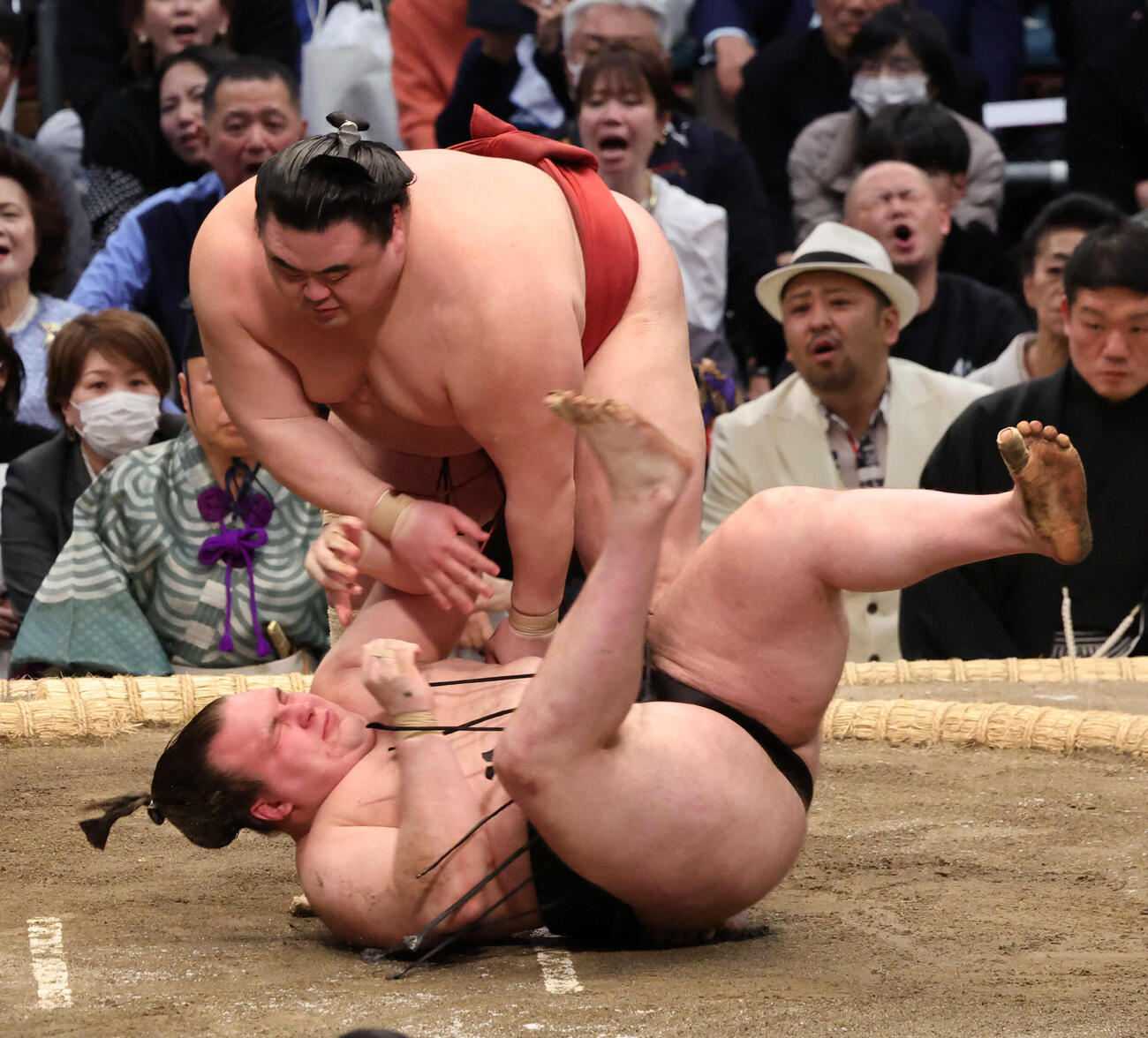 隆の勝は、はたき込みで安青錦を倒し、1敗をキープした（撮影・西尾就之）