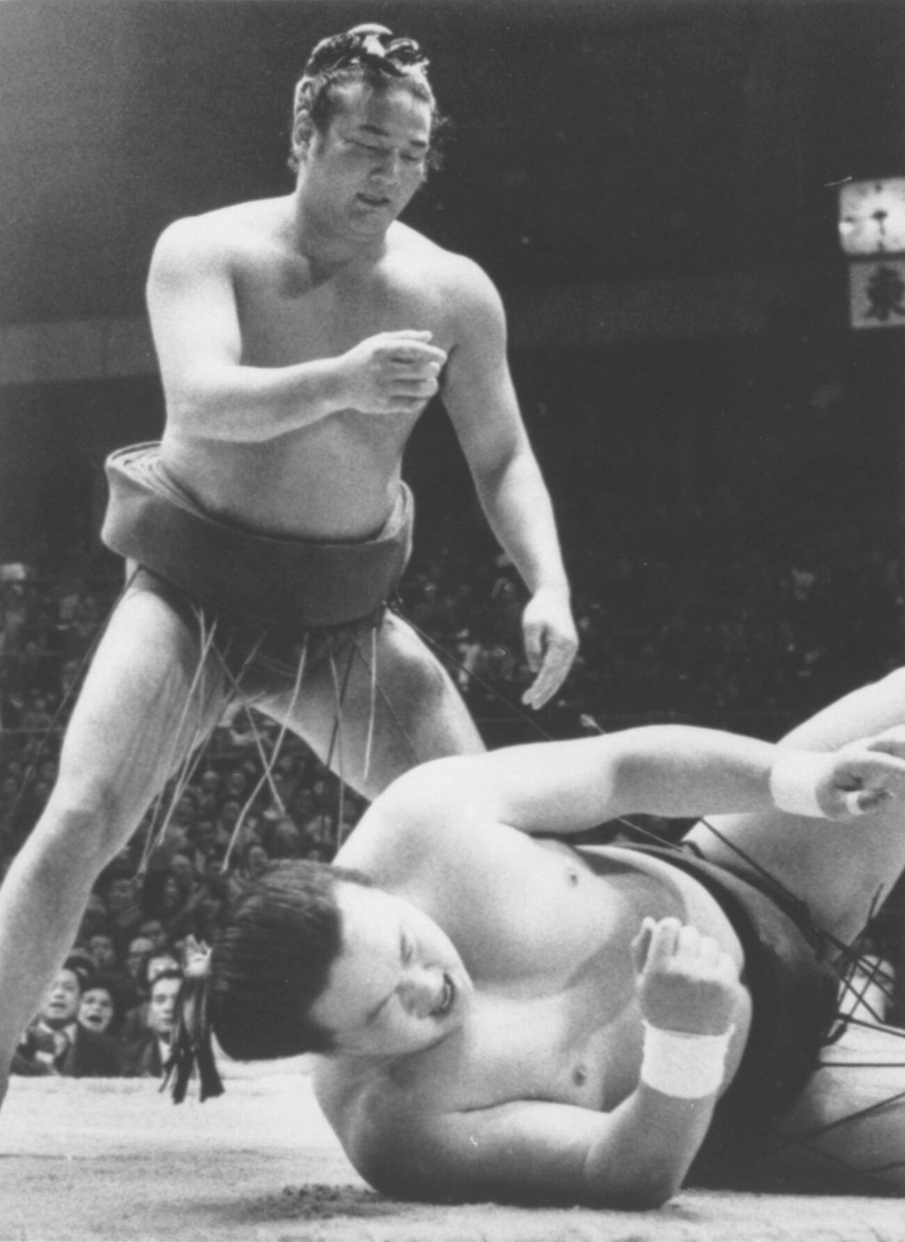 1984年3月、大相撲春場所で佐田の海を下手投げで破った若嶋津（共同）