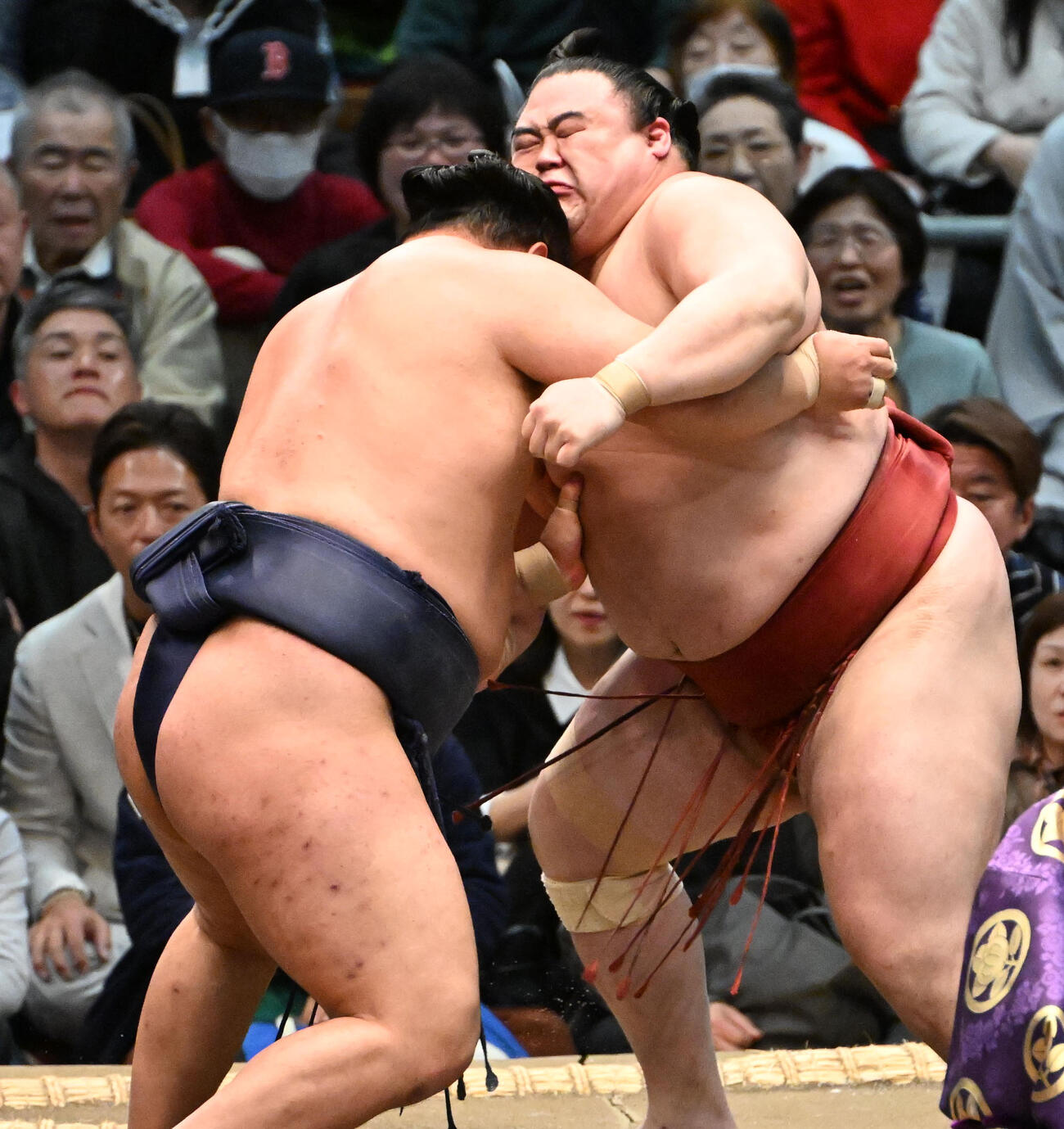豊昇龍（左）は寄り切りで隆の勝を下す（撮影・石井愛子）
