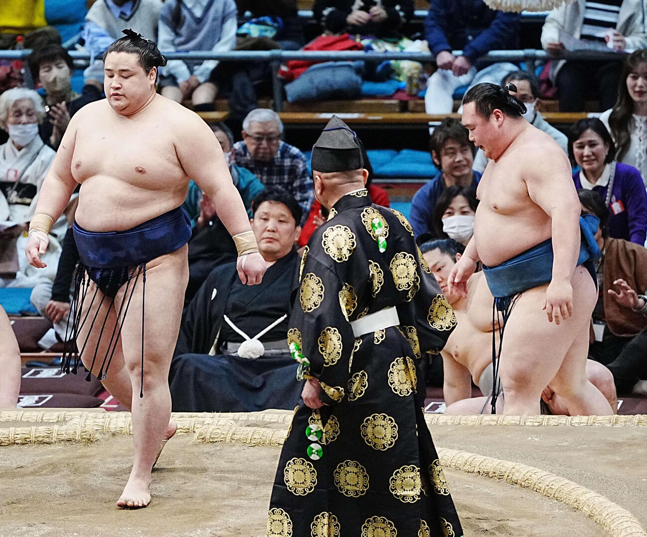 若ノ勝（左）は白熊を突き出しで下す（撮影・小沢裕）